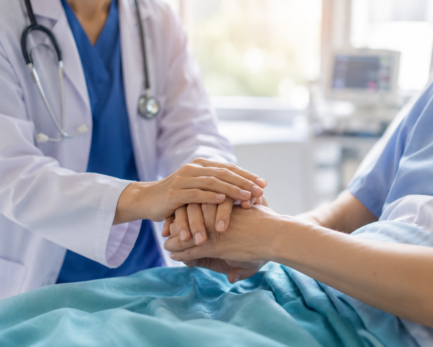 A clinician holds a patient's hand in a hospital room